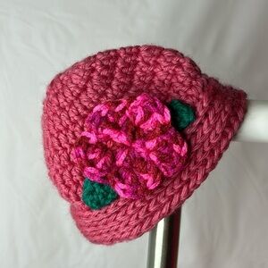 Baby hat tuque handmade crochet girls size 0-3 months flower pink warm